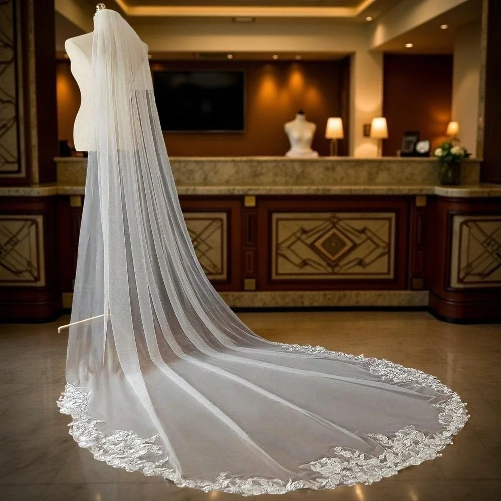 New 118 in Extra Long Bridal Veil Wedding Lace Trim Floral Cathedral True White